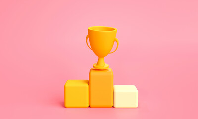 Golden trophy. first and second and third concept on the podium, Trophies for winners, award design, achievement, 1st, 2nd, 3rd place. 3D rendering illustration