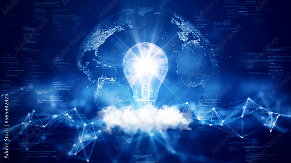Poster business idea creative concept technology. light bulb glowing in the abstract world above clouds pol