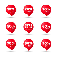 Super sale discount red bubbles vector set isolated on white background. Promotion labels concept - 565392311