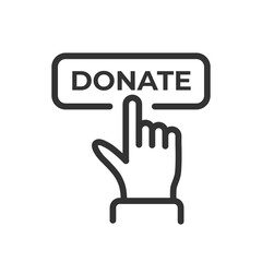 Hand push on donation button vector icon isolated on white background. Charity stock illustration - 565392314