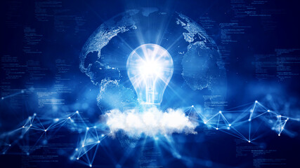business idea creative concept technology. Light bulb glowing in the abstract world above clouds Polygons and binary code on dark blue background.