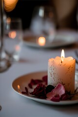 candles on a table with rose petals