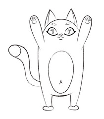 Cute cat paws up pencil sketch. Monochrome cat sketch. Minimalist black and white line art. Vector doodle illustration, character design, outline. Design for coloring book, postcards. 