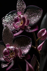 Black and pink orchid. Abstract dark floral design for prints, postcards or wallpaper. AI
