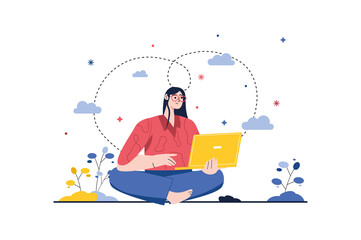 Concept Freelance with people scene in the flat cartoon style. Girl works in her spare time on a laptop and earns money from it.