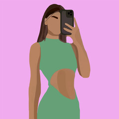 The girl poses and takes pictures of herself on the phone in the mirror