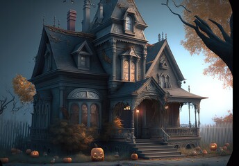 Halloween Haunted House with Dark Horror Atmosphere Victorian Illustration with Pumpkin Generative AI Illustration