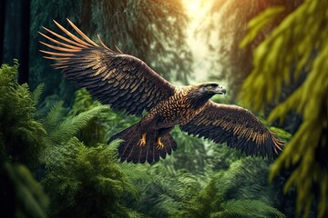Wild flying bird of prey above green rainforest, nature ecosystem environment background landscape Generative AI Illustration