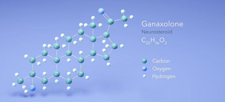 ganaxolone molecule, molecular structures, c22h36o2 3d model, Structural Chemical Formula and Atoms with Color Coding