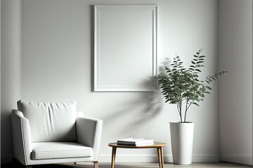 White photo frame mockup in the living room, interior design, minimalist, modern