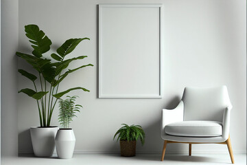 White photo frame mockup in the living room, interior design, minimalist, modern