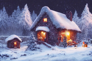 Naklejka premium Christmas a small cottage on top illustration Generative AI Content by Midjourney