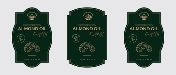 Almond oil label design cosmetic products label for skin care and beauty, herbal ingredients. Almond Labels with sketches, and package emblem. Green gold premium vector illustration.