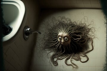 monster looking from plum hole for the shower in the floor. Hair in bathroom problem - obrazy, fototapety, plakaty