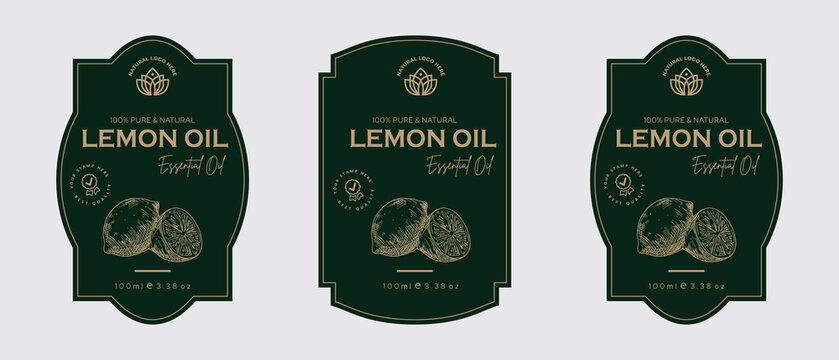 Lemon oil label design cosmetic products for skin care and beauty, herbal ingredients. Labels with sketches, package emblem. Green gold premium vector illustration
