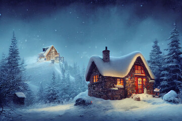 Christmas a small cottage on top illustration Generative AI Content by Midjourney