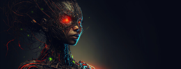 Female android portrait of artificial intelligence avatar. Wires and tech pieces on cyborg head. Generative AI 