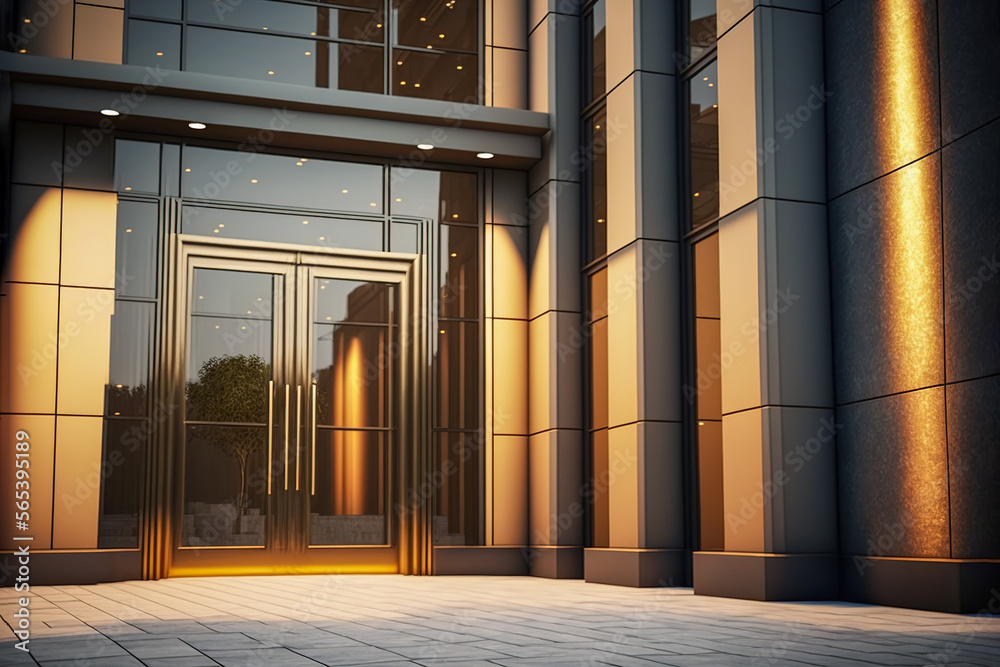 Wall mural Modern luxury apartment tower entrance with a glass door, Generative AI