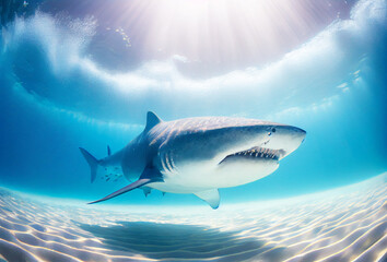 Great shark close up view. Generative Ai Art. Underwater scene with sunlights.