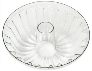 Transparent circular grooved glass Bundt Cake Baking Pan, isolated on white background - side view.