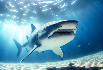 Fototapeta premium Great shark close up view. Generative Ai Art. Underwater scene with sunlights.
