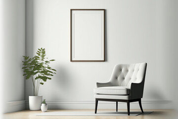 Fototapeta na wymiar Blank picture frame mockup on white wall. generative AI