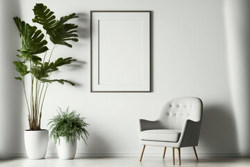 Naklejka na ściany i meble Blank picture frame mockup on white wall. generative AI
