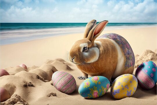  Easter Bunny with Easter eggs on the beach. Generative AI
