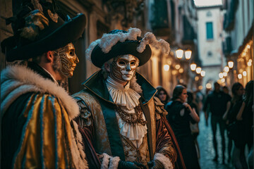 Fototapeta na wymiar illustration of a venetian carnival scene while people are wearing costumes