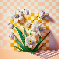 Beautiful spring flowers with a retro checkered background 