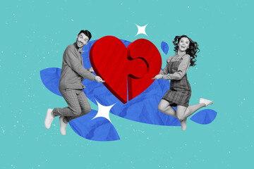 Obraz premium Creative collage picture of two positive black white colors people jumping connect two puzzle pieces heart isolated on drawing background
