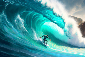 Surfer riding on a huge wave. Hawaii. Pacific ocean. Generative Ai Art. Extreem sport.