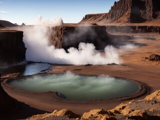  A mysterious barren landscape with hot springs and waterfalls.