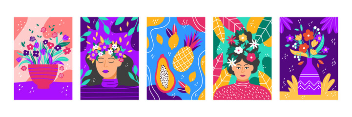 Flower bouquet, abstract fruit patterns. Invitation with papaya, lemon and pineapple, cute summer woman. Bright colors, doodle posters set. Positive thinking. Vector garish illustration flyers