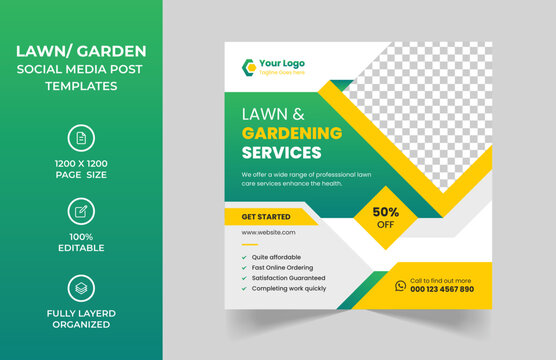 Lawn garden or landscaping service social media post and web banner template