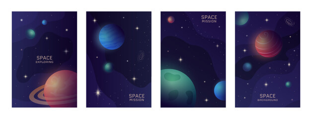Galaxy posters. Astronaut in future space. Cosmic or astronomy banners. Planets in universe. Outer infinity discovery. Cosmos exploration. Astronomy science. Vector utter cards set © Natalia