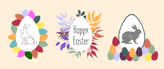 Happy Easter Set of banners, greeting cards, posters, holiday covers. Trendy design with typography, hand-painted plants, dots, eggs and a rabbit in pastel colors. Minimalist contemporary art style.