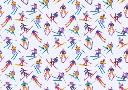 Snowy skiers, outdoor ski pattern. Winter slope, seasonal texture for wallpaper, wrapping paper for gifts. Young men and woman extreme activity, texture. Vector seamless exact background