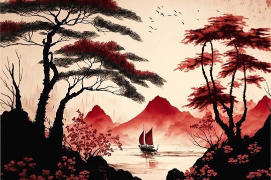 Traditional Chinese painting. Red landscape. Painting of hills, trees on textured paper. AI