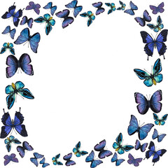Frame blue violet butterflies. Hand-drawn watercolor illustration isolated on white background. Can be used for card, poster, stickers, scrapbook