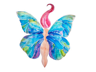 Hand painted Butterfly Lady Fairy. Watercolor style. Isolated item, without background. 