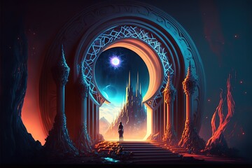 Time portal, architectural majestic portal. Fantasy landscape. AI