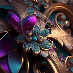 Abstract purple gold floral background, template. Generative AI
