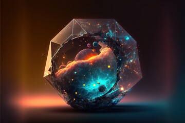 Glass space sphere in the form of a polygon. Space capsule with nebula and stars, neon light. AI