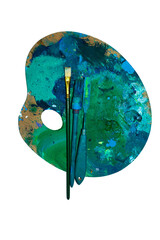 paint brush for painting on white background, close uppalette of oil paints and brush strokes, palette knife, brushes with shield, on an isolated white background