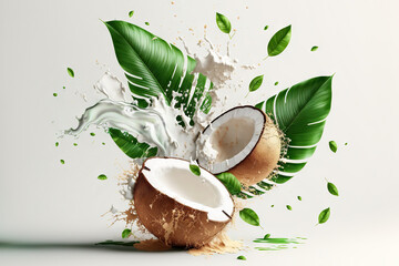 illustration of a broken coconut with leaves on a white background