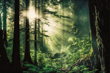 A panoramic view of a dense forest, with sunlight streaming through the trees, Forest, Panoramic, View, Dense, Sunlight, Streaming, Trees, Nature, Landscape, Outdoor, Scenic, Wild, Woodland, 