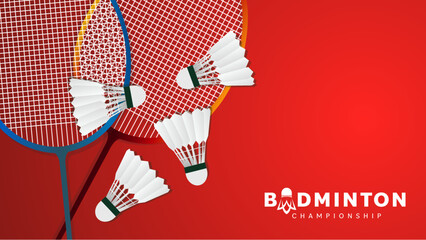 Badminton racket with white badminton shuttlecock on red background , badminton sports wallpaper with copy space  ,  illustration Vector EPS 10