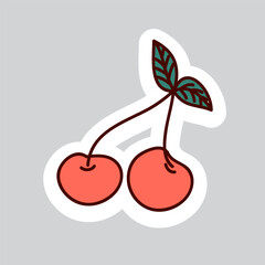 70s styles vector doodle sticker. Red sweet cherry.