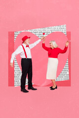 Creative retro 3d magazine collage image of charming old couple celebrating 14 february isolated...